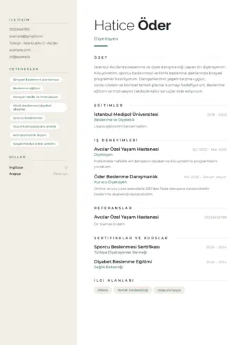 Beslenme Uzmanı Diyetisyen CV Örnekleri cv indir